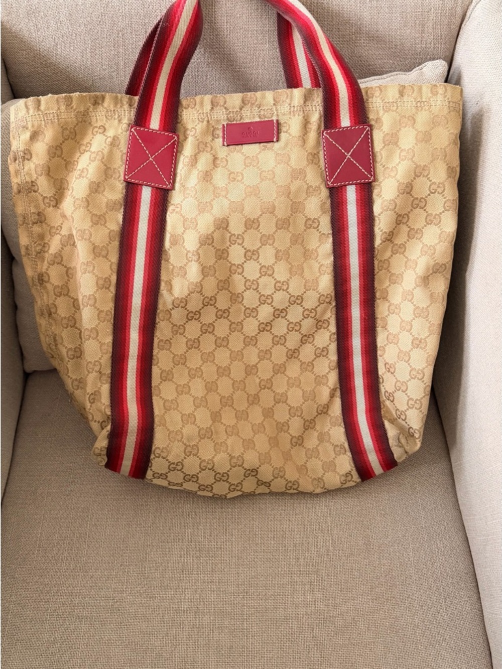 Gucci Beige GG Canvas Tote with Red Stripe Handles